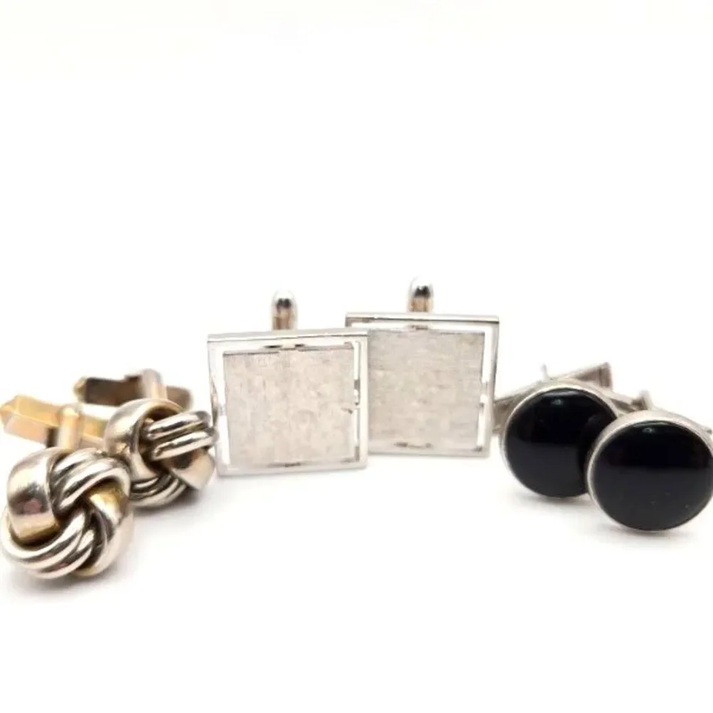 Lot of 3 Pair of Vintage Men's Cuff Links Silvertone Knot Brushed Geometric Onyx